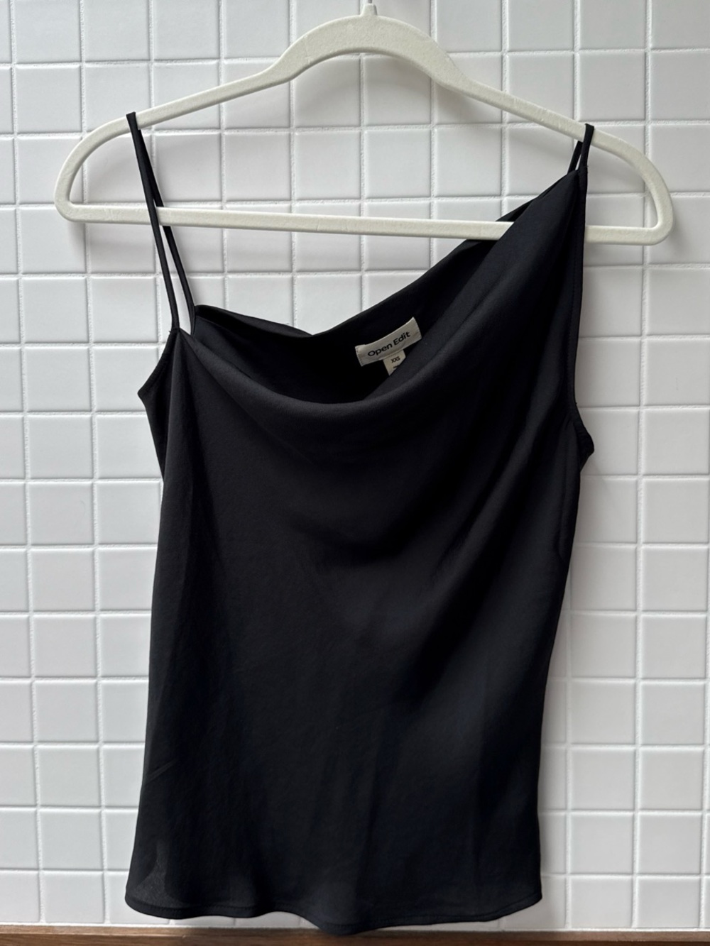 XXS Open Edit Black Satin Draped Cowl Neck Asymmetrical Spaghetti Strap Top